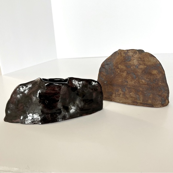 Vases Pair Clay Free Form Contemporary Rustic Natural Brown Tan Handmade - Picture 3 of 9